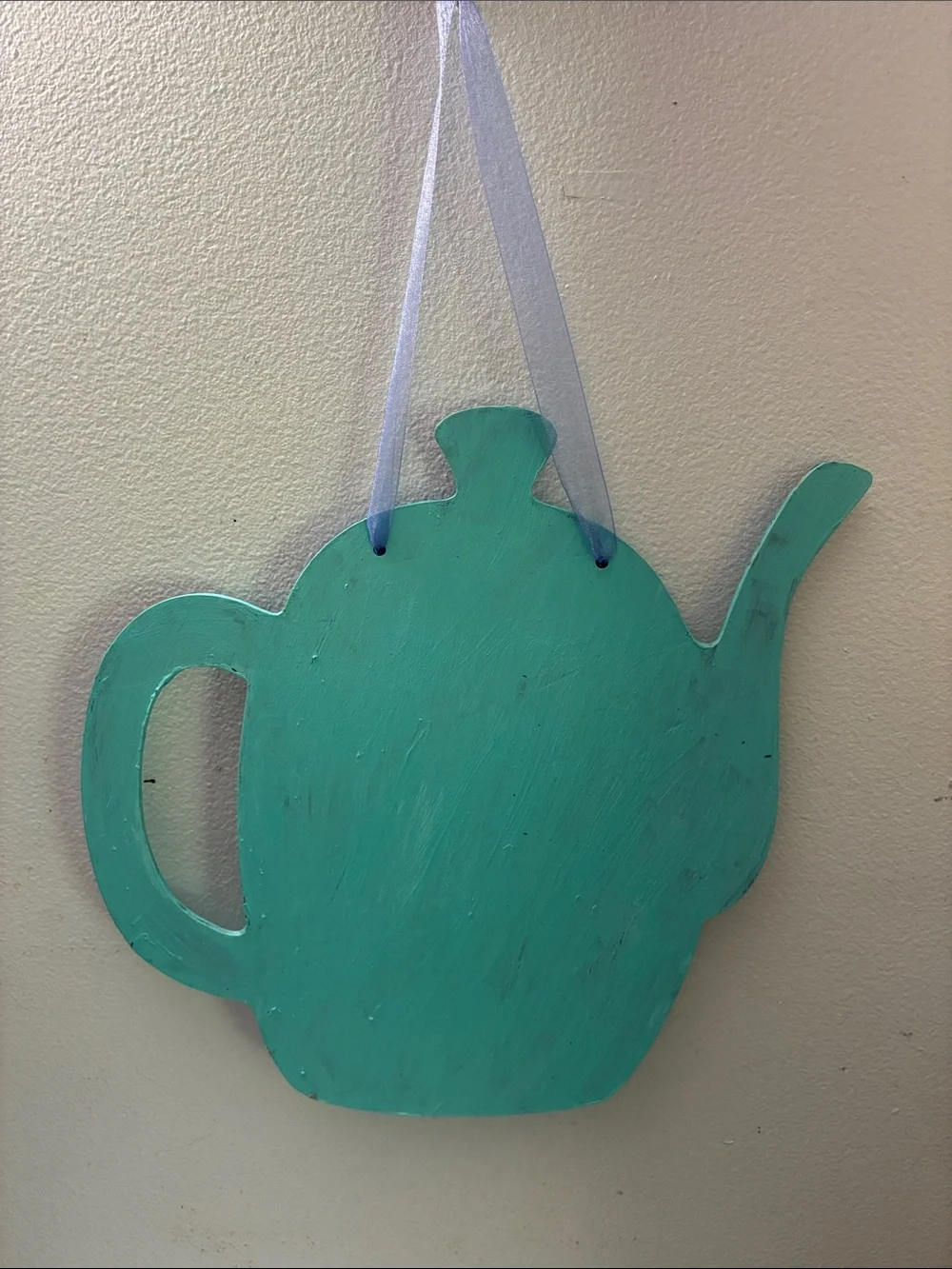 Turquoise Teapot Wood Wall Plaque with Vintage Tea Cup Illustration